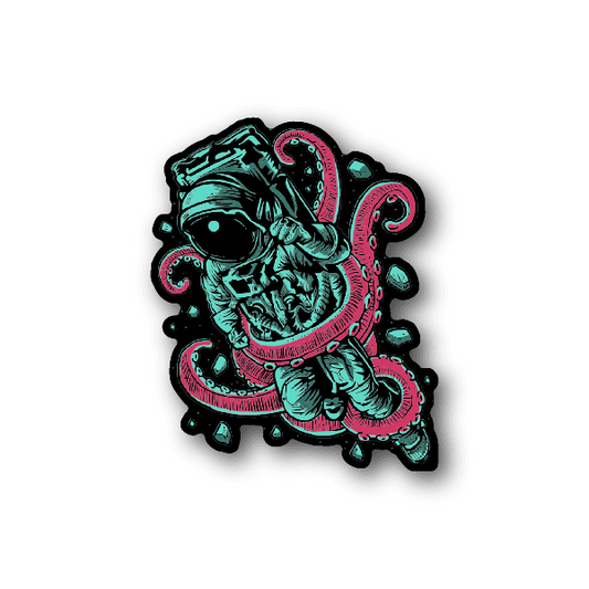 Astronaut octopus vinyl sticker, teal suit with pink tentacles and floating rocks