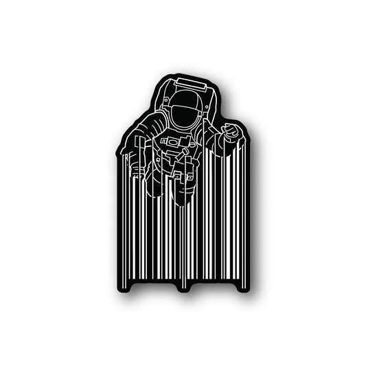 Astronaut pulling strings vinyl sticker, outlined figure with hanging strings and barcode bars