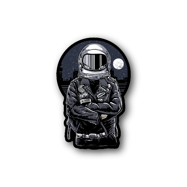 Astronaut vinyl sticker, suit with crossed arms and helmet, circular design