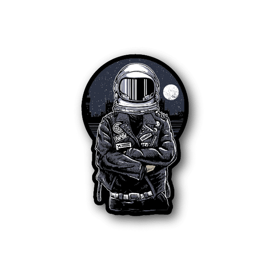 Astronaut vinyl sticker, suit with crossed arms and helmet, circular design