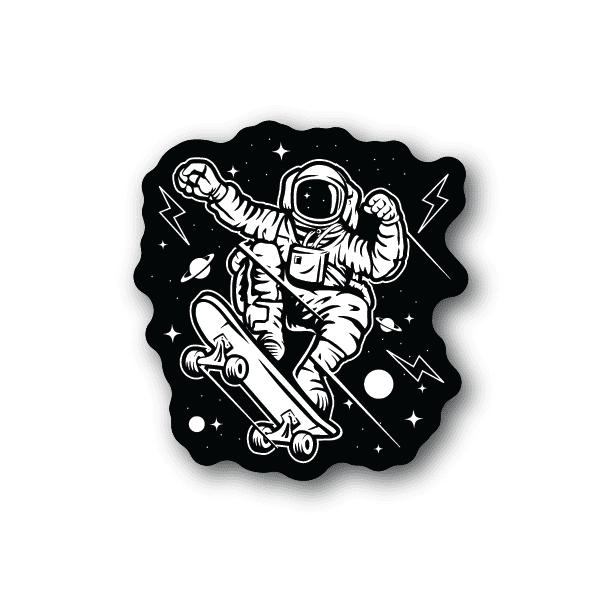 Vinyl sticker of white astronaut skateboarding with star and spark icons