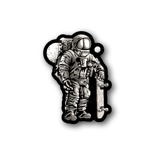 Astronaut skateboarder vinyl sticker, black and white astronaut with skateboard