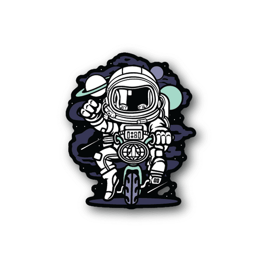 Astronaut space bike vinyl sticker, white astronaut riding a bike with blue accents