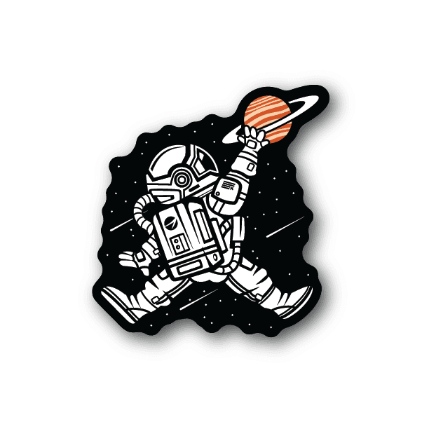 Astronaut space jump vinyl sticker with orange-striped rocket and white suit