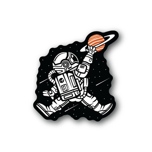 Astronaut space jump vinyl sticker with orange-striped rocket and white suit