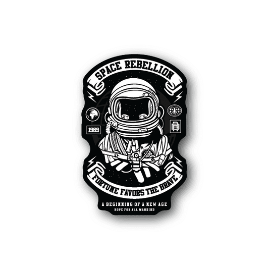 Vinyl sticker with astronaut head and circular “Space Rebellion” text