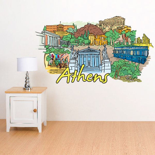 Athens sticker: colorful city skyline with script 'Athens'.