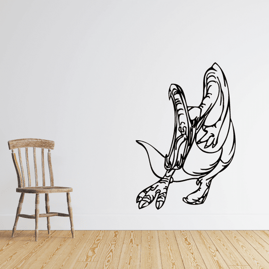 Attacking dinosaur decal in black-and-white, open jaws and claws