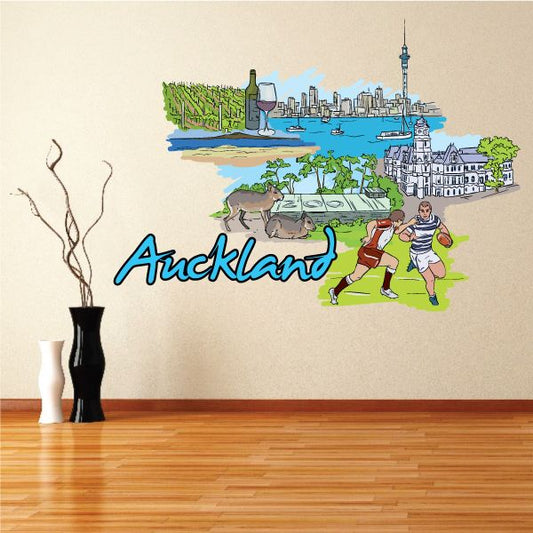 Auckland sticker with blue Auckland lettering and city skyline illustration with landmarks