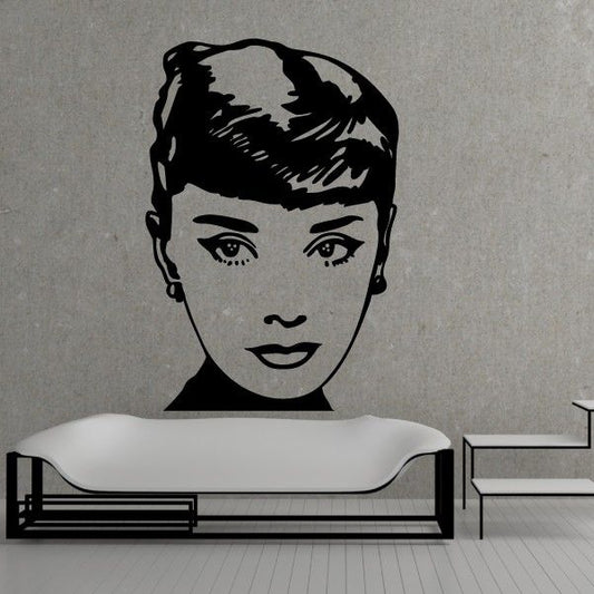 Audrey Hepburn face decal in black, featuring a smiling portrait with short hair