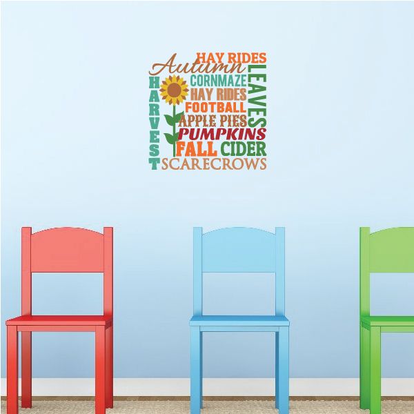 Autumn harvest word collage wall decal with fall-themed words and icons