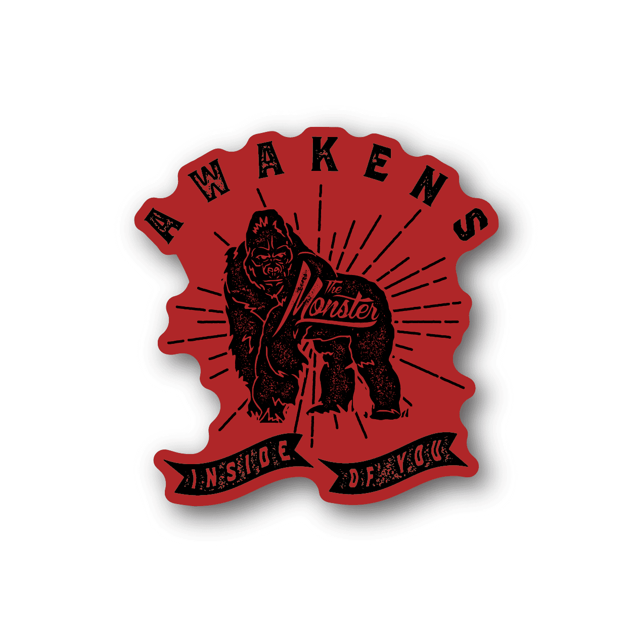 Vinyl sticker with red and black ape monster graphic and bold circular text