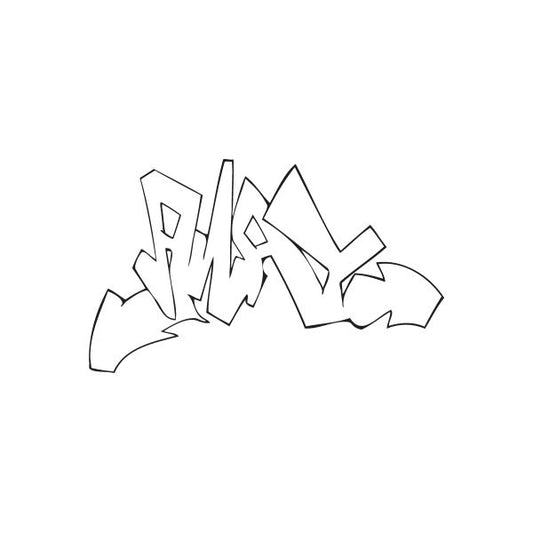 Black graffiti decal with bold tag letters and jagged shapes