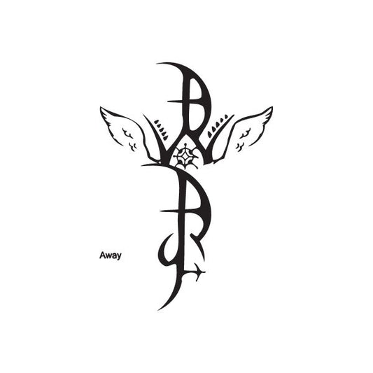 Away graffiti decal, black stylized B with wings and small barbed lines