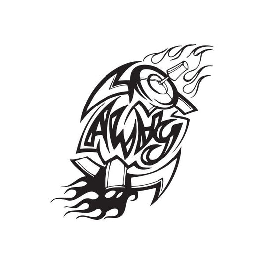 Graffiti-style decal with black and white flame motif and stylized face profile