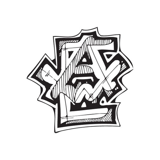 Graffiti decal with bold black-and-white letter-style design
