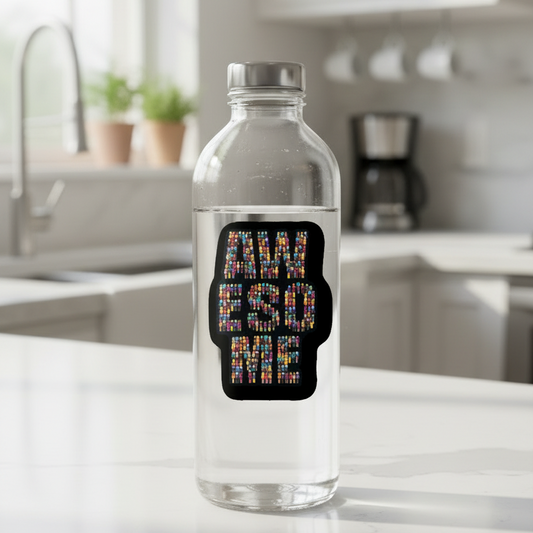Vinyl sticker with black border and colorful pixel-style numbers on a clear bottle