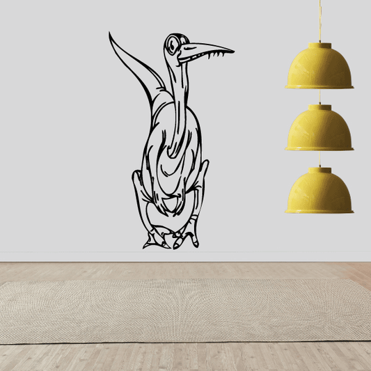 Awkward dinosaur wall decal, black line art with open beak and curved tail