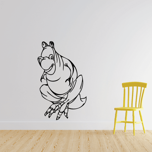 Cartoon T-rex decal with black outline and white fill, smiling awkward pose