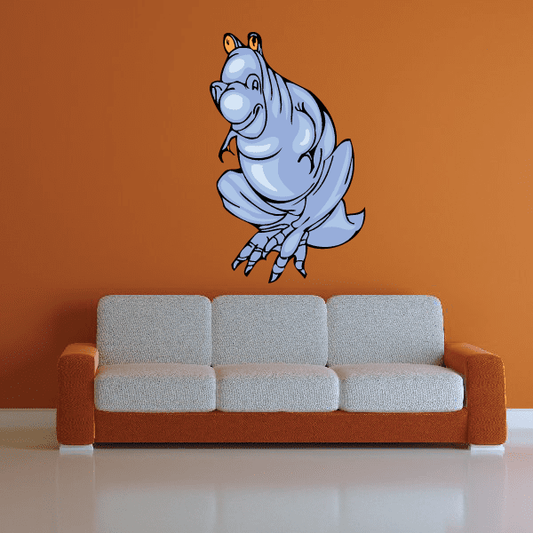 Cartoon awkward T-rex sticker with blue-gray body and smiling mouth
