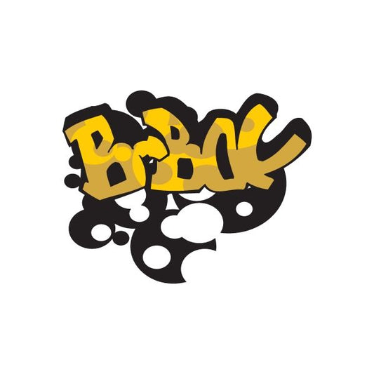 Graffiti sticker with bold yellow and black lettering and bubble-like shapes