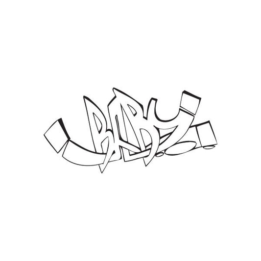 Graffiti-style decal sticker with black and white lettering
