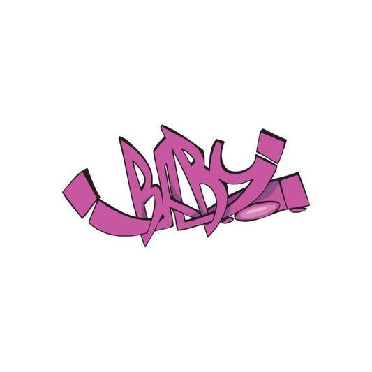 Graffiti-style sticker with purple bubble letters and black outline