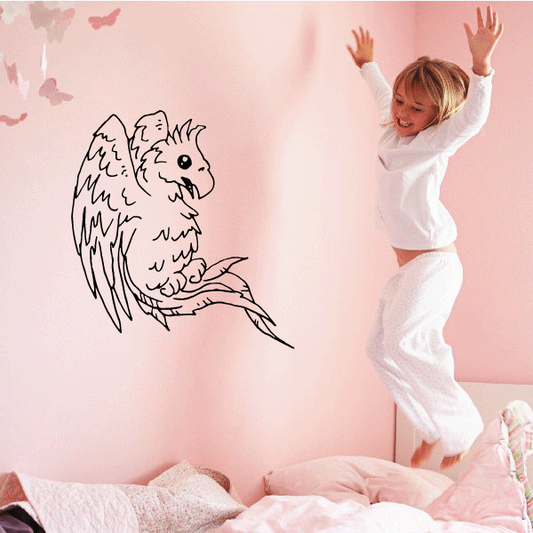 Black line-art phoenix baby wall decal with winged bird design