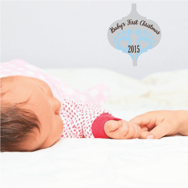 Baby’s First Christmas feet ornament sticker with 2015, blue footprints and heart shapes