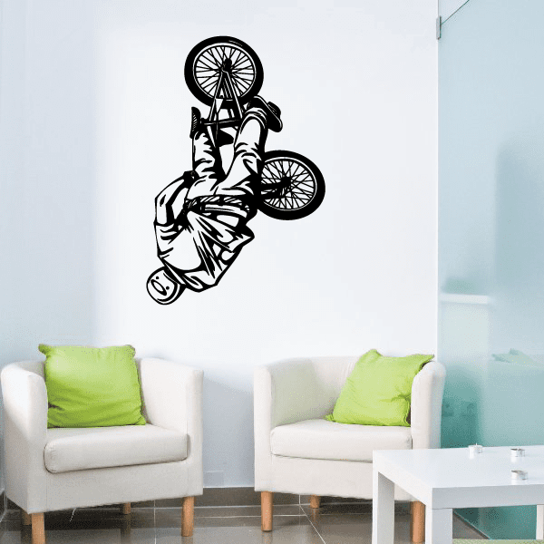 Back flip BMX rider decal, black and white graphic with bike wheels