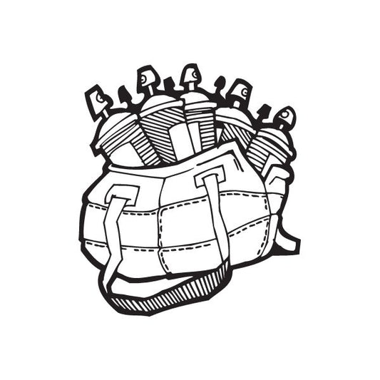 Graffiti-style backpack decal with spray paint cans