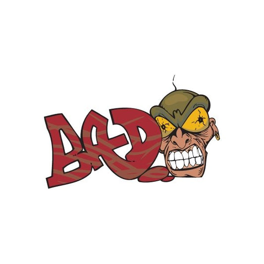 Red and black graffiti skull sticker with yellow face and open teeth