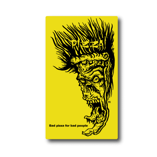 Yellow vinyl sticker with black snarling face graphic and small slogan text
