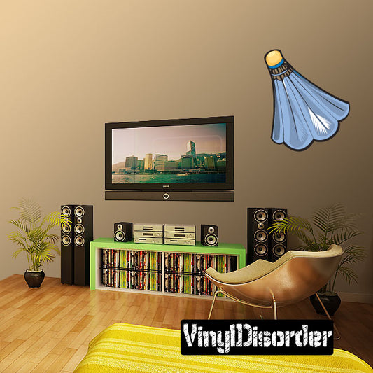 Badminton shuttlecock wall sticker with blue feathers and gold top