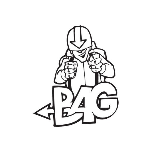 Graffiti bag decal with hooded figure and bold 'PAG' letters in black