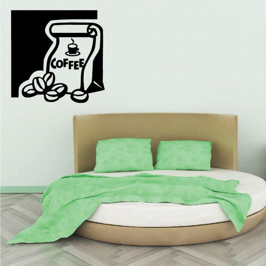 Coffee beans bag wall decal with coffee cup icon in black outline