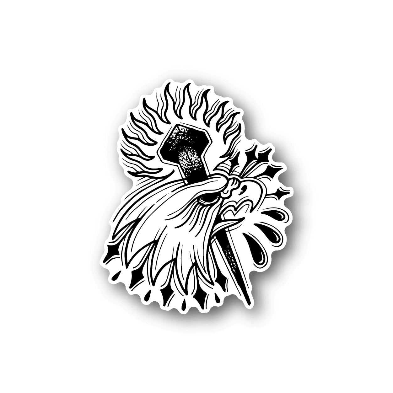 Vinyl sticker of a bald eagle carrying a torch, white line art