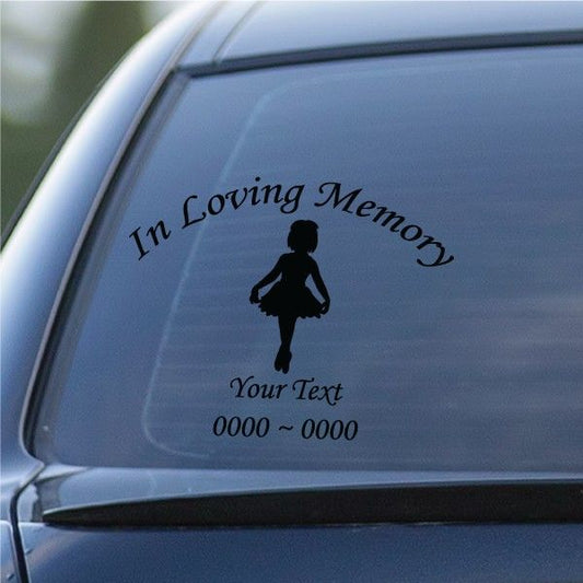 Memorial car window decal: black ballerina silhouette and In Loving Memory text