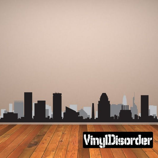 Baltimore skyline vinyl decal, black city silhouette with white VinylDecorder text