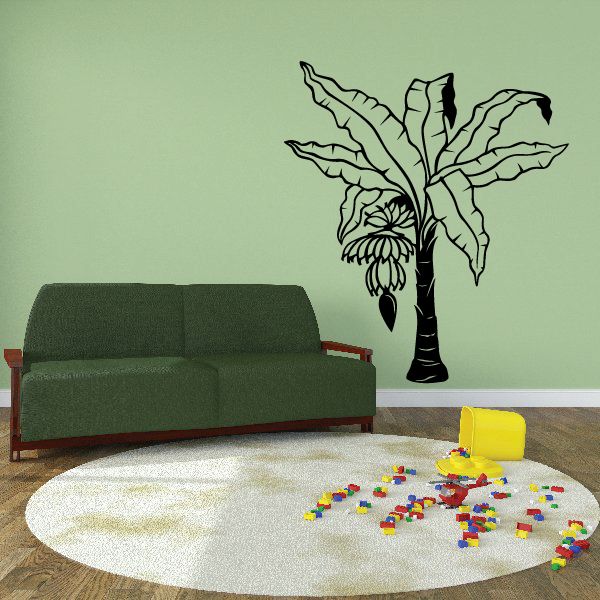 Banana tree wall vinyl decal with black outline trunk and leaves