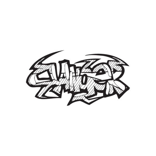 Graffiti decal sticker with bold black-and-white tag lettering