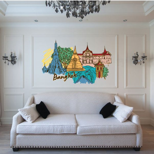Bangkok city skyline wall sticker in multicolored artwork