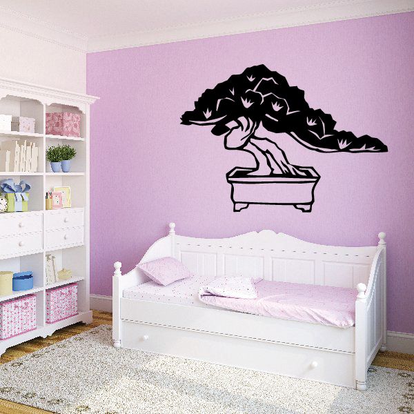 Vinyl wall decal of black banzai tree in a rectangular planter