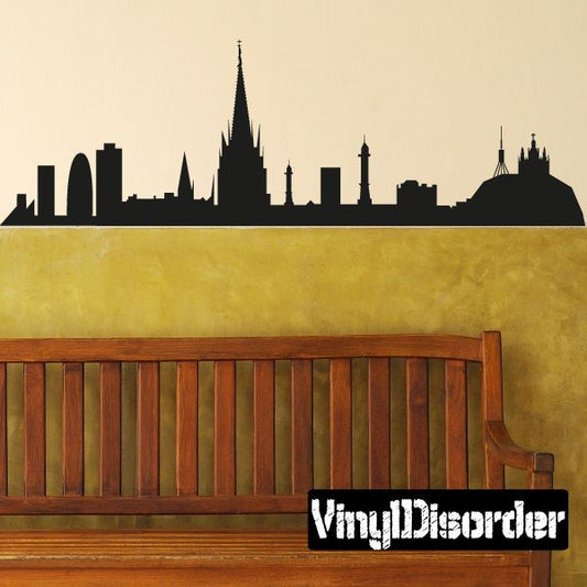 Barcelona skyline decal in black, with Spain buildings and tall towers silhouette