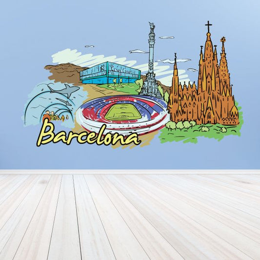 Barcelona sticker with colorful city skyline and cursive 'Barcelona' text