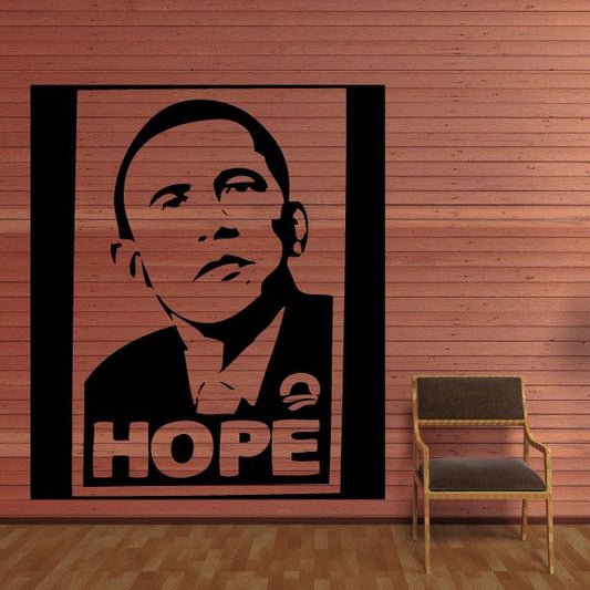 Obama hope decal: black portrait with 'HOPE' text on a square design
