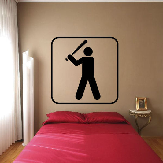 Baseball batter decal: black batter swinging with bat raised, inside rounded square outline.