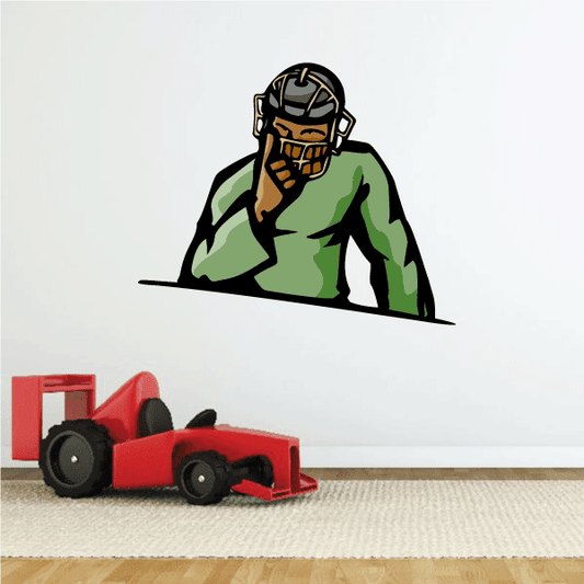 Crouching green-uniform baseball catcher wall sticker with glove raised