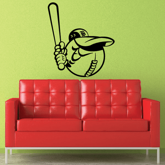 Bird baseball mascot wall decal holding a bat upright