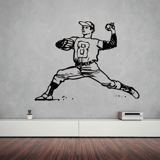 Baseball pitcher decal: black-outlined pitcher in wide pitching stance, glove raised